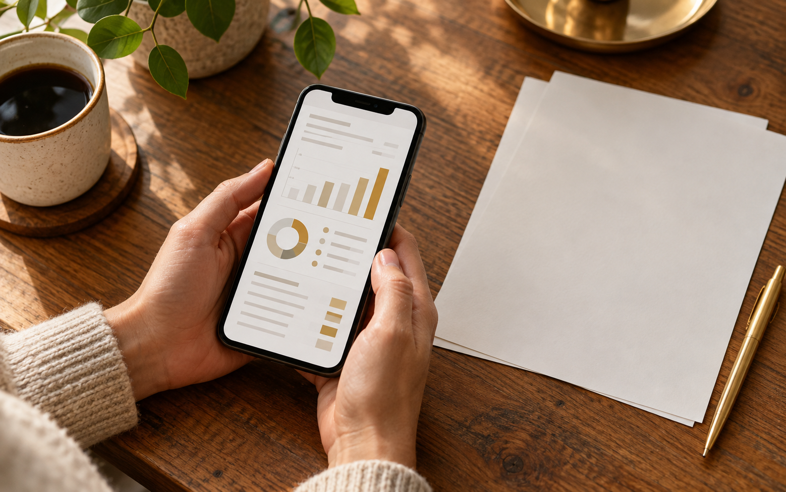 Pessoa conferindo informações financeiras em um celular